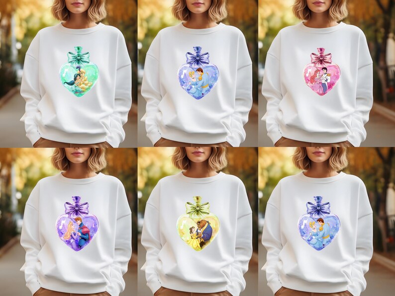 Puede incluir: Seis sudaderas blancas con un dise&ntilde;o en forma de coraz&oacute;n que presenta una pareja de una pel&iacute;cula de Disney. Los corazones est&aacute;n llenos de un dise&ntilde;o similar a la acuarela y tienen un lazo azul en la parte superior.