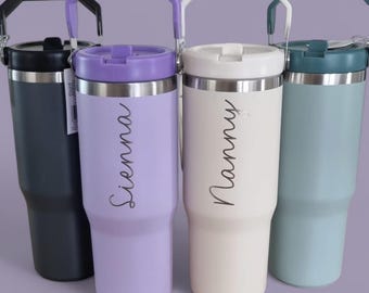 Personalised Stanley Style 30oz Hydrate Tumbler with Carry Handle and Flip Straw. 8 Fonts and Colours