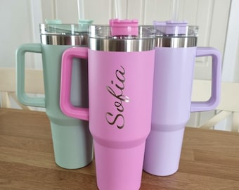 Personalised Stanley Style 40oz Double Wall Drinking Tumbler with Carry Handle and Straw. 8 Fonts and Colours