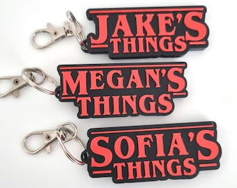 Personalised 80s Nostalgia Horror Title Font Keyring. Upside Down Font - Any Name!  Custom Gift!