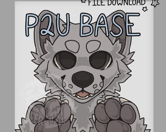 May include: A digital illustration of a grey wolf character with large dark eyes, a black nose, and open mouth showing teeth. The character has raised paws in the foreground. Text reads P2U BASE and .PSD AND PROCREATE FILE DOWNLOAD.