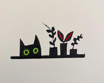Cat and Plants Linocut Print-Black Cat Artwork