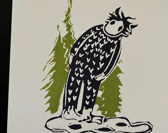 Big Foot Block Print-Handmade Sasquatch Folk Art- Hand Printed Cryptid Wall Art