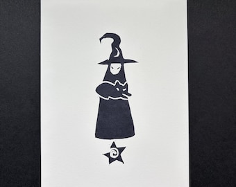 Witch and Black Cat Familiar Original Hand Carved Block Print