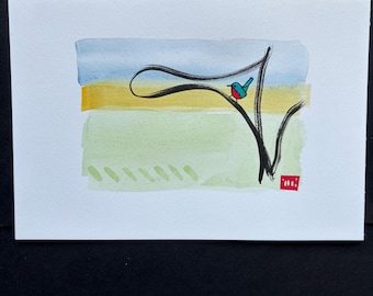 Tiny Blue Robin Original Watercolor Painting 5x7