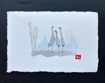 Three Cranes Original Watercolor Painting| Small 4x6 Zen Nature Art