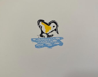 May include: A black and yellow illustration of a penguin standing on a blue and white water surface.