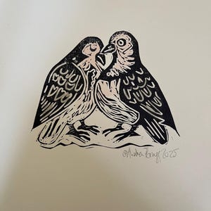 Handmade Linocut Art-Two Wood Pigeons-Bird Illustration-Affordable Art for the Home