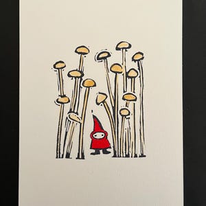 Red Elf in a Field of Mushrooms-Original Illustration-Handcarved and Printed