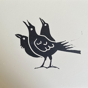 Raven with Three Heads Linoleum Block Print- Handmade Art