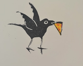 Crow and Pizza Block Print-Linocut