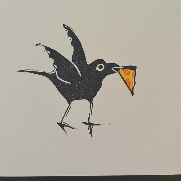 Crow and Pizza Block Print-Linocut