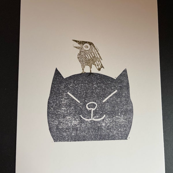 Happy Cat with Bird-Small Linocut-Affordable Art