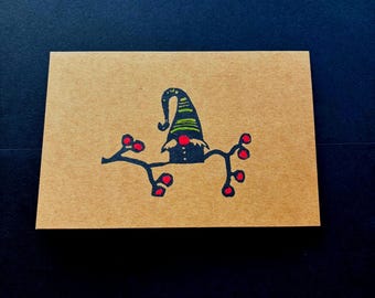 Christmas Gnome Greeting Card Set of 3 Hand Printed Linocut