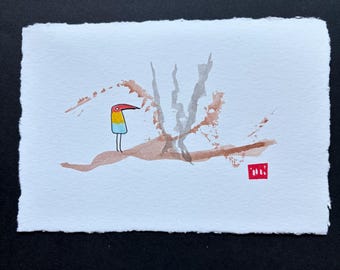 Tiny Toucan-Minimalist Watercolor and Sumi-e Landscape