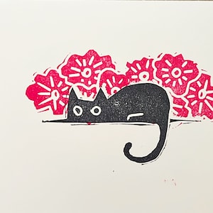 Black Cat Red Flowers Linocut Print