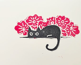 Black Cat Red Flowers Linocut Print