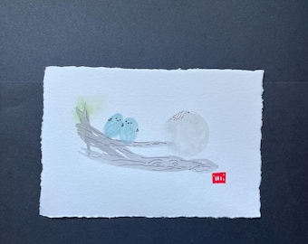 Two Bluebirds Original Painting|4x6 inch Wall Decor