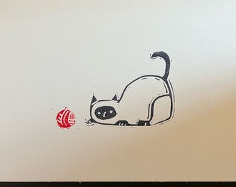 Siamkatze und roter Ball Linoldruck