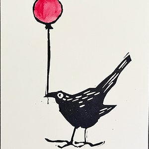 Grackle and Balloon Linocut