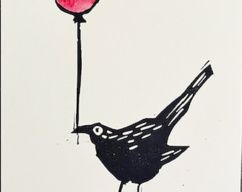 Grackle and Balloon Linocut