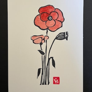 Poppy Linocut Print- Watercolor Painting -Hand Printed and Painted- Botanical Illustration