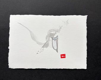 Owl in Flight Original Mixed Media Watercolor Linocut