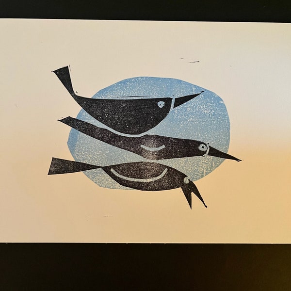 Flying Crows Linoleum Block Print