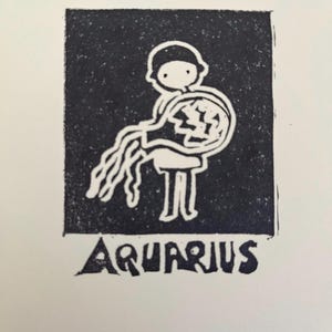 Aquarius Zodiac Print-Small Linocut Print-Aquarius Star Sign-Hand Carved and Printed-Astrology Wall Art
