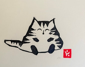 Fat Cat - Petite linogravure imprimée