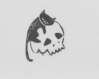 Impression linogravure tête de mort chat en édition limitée, abordable