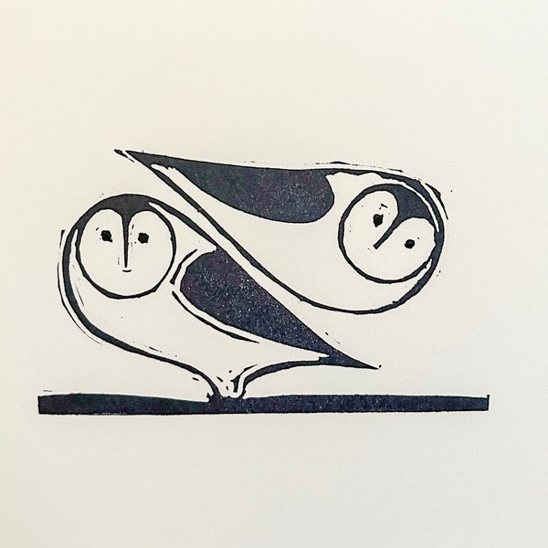 Barn Owls Linocut Print-Minimal Woodland Art
