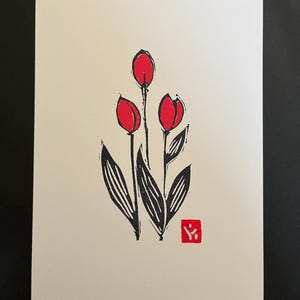 Tulpe Linoldruck- Aquarell Malerei-Hand gedruckt und gemalt- Wanddekoration