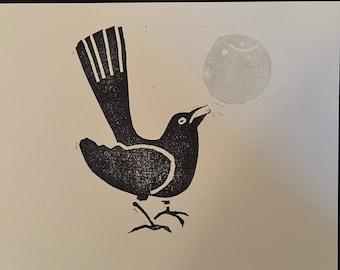 Grackle and Silver Moon Linocut