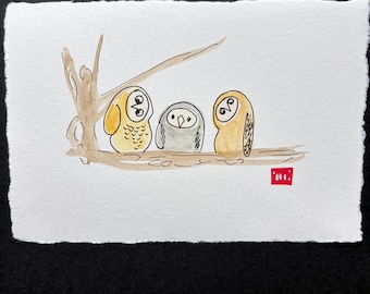 Three Owls Original Watercolor|Small 4x6 inch Wall Art