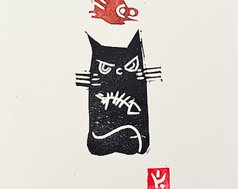 Kleine linosnede Cat in a Mood met vogel