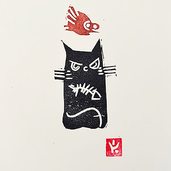 Cat in a Mood with Bird Small Linocut