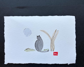 Gray Cat Under Moon, Small Minimalist Watercolor