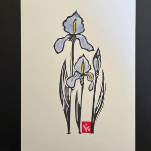 Iris Linocut Print- Watercolor Painting -Hand Printed and Painted- Original Illustration