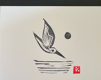 Kingfisher and Sun Linocut