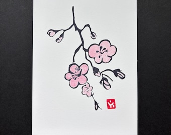 Cherry Blossom Linocut Print-Hand Printed and Painted with Watercolor-5x7 inch Wall Art