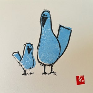 Impresión de pájaros azules - Impresión en bloque de linóleo