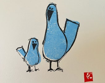 Blue Birds Print-Linoleum Block Print