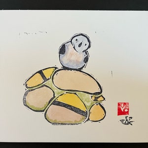 Bird Balance Linocut and Watercolor-Mini Art
