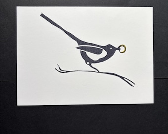 Magpie with Gold Ring Linocut Print|Original Block Print Bird Art