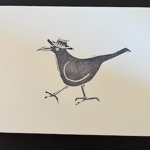 Grackle in a Hat- Bird Linocut