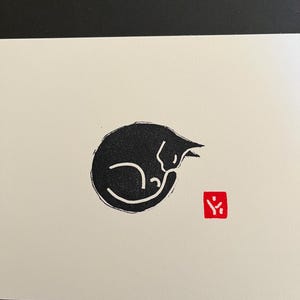 Sleeping Black Cat- Small Linocut Block Print