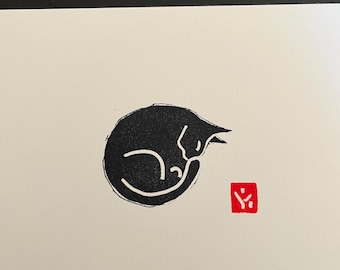Sleeping Black Cat- Small Linocut Block Print