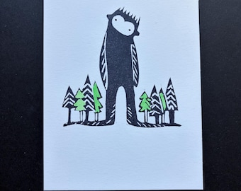 Big Foot Linocut Print, Sasquatch Block Print-Goblincore Decor