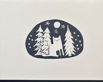 Fox in the Forest Handmade Small Linocut